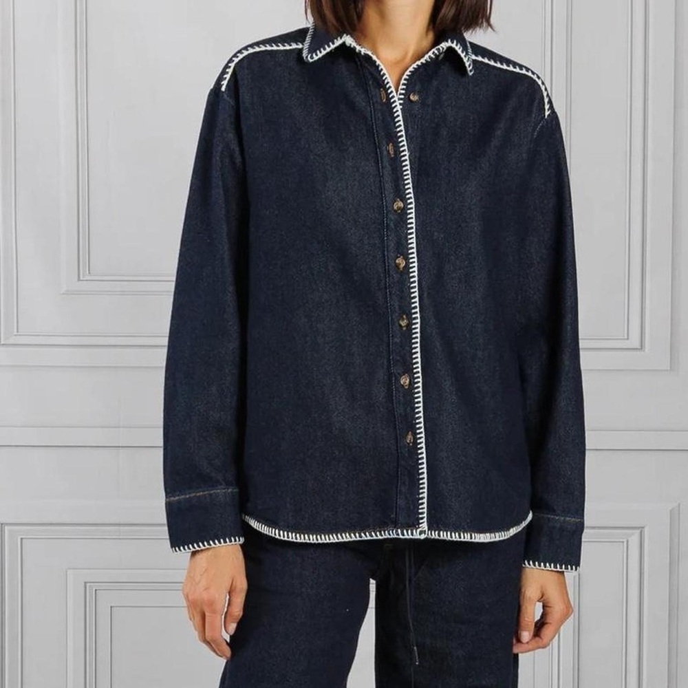 Women's Dark Blue Denim Jacket with Contrast Stitching